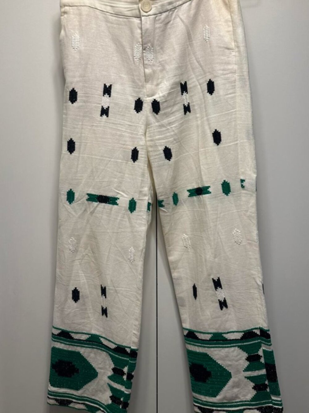 Zara Embroidered Geometric White Linen Blend Wide Leg Pants